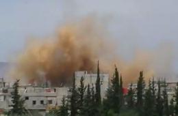 Explosive barrels target the sides of Khan Al Sheih camp.