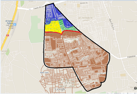 خريطة توضيحة لمناطق النفوذ والسيطرة في ‫مخيم اليرموك‬