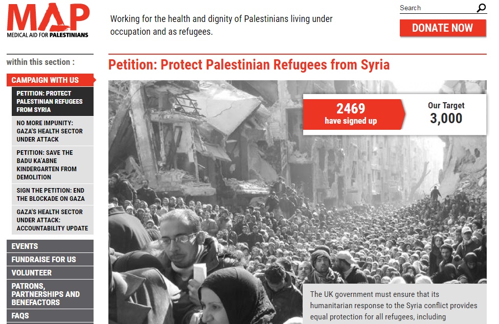 منظمة (ماب) تطلق حملة جمع تواقيع بهدف تحسين أوضاع فلسطينيي سورية المهجرين