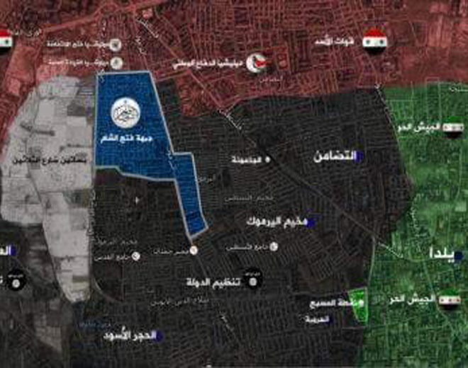 بالخريطة.. مناطق نفوذ داعش وهيئة تحرير الشام في مخيم اليرموك