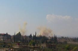 Syrian Warplanes Target the Sides of Khan Al Shieh Camp in Damascus Suburb with Explosive Barrels